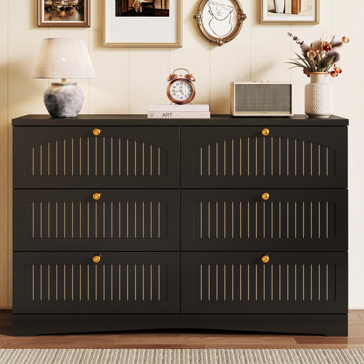 Black 6 Drawer Fluted Wood Dresser V963