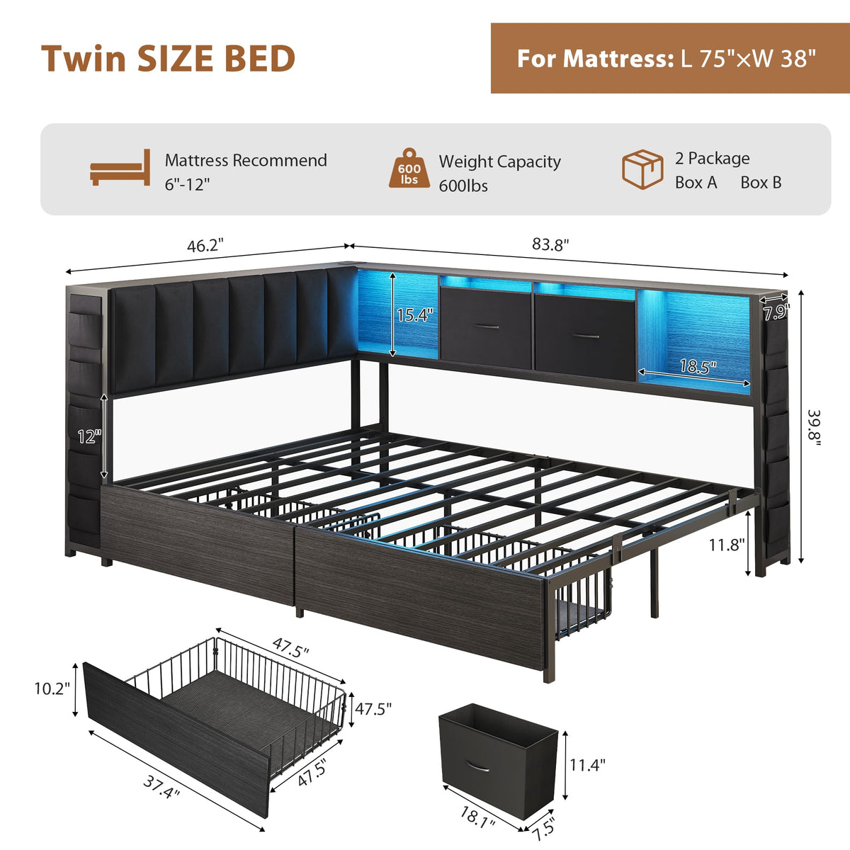 Twin Corner Bed Frame with Upholstered Storage Headboard and Drawers, LED Light and Charging Station, Black P411279