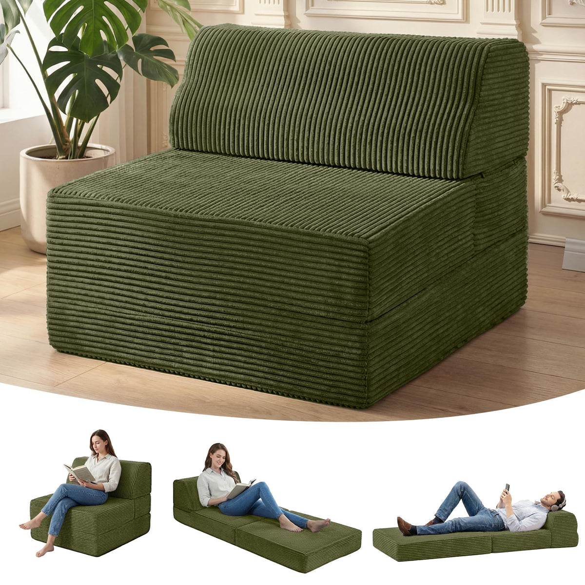 Folding Sofa Bed with Pillow, Memory Foam Sleeper Chair, Green D8281
