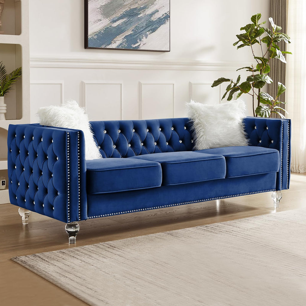 Blue Velvet Chesterfield Sofa with 2 Throw Pillows E173055