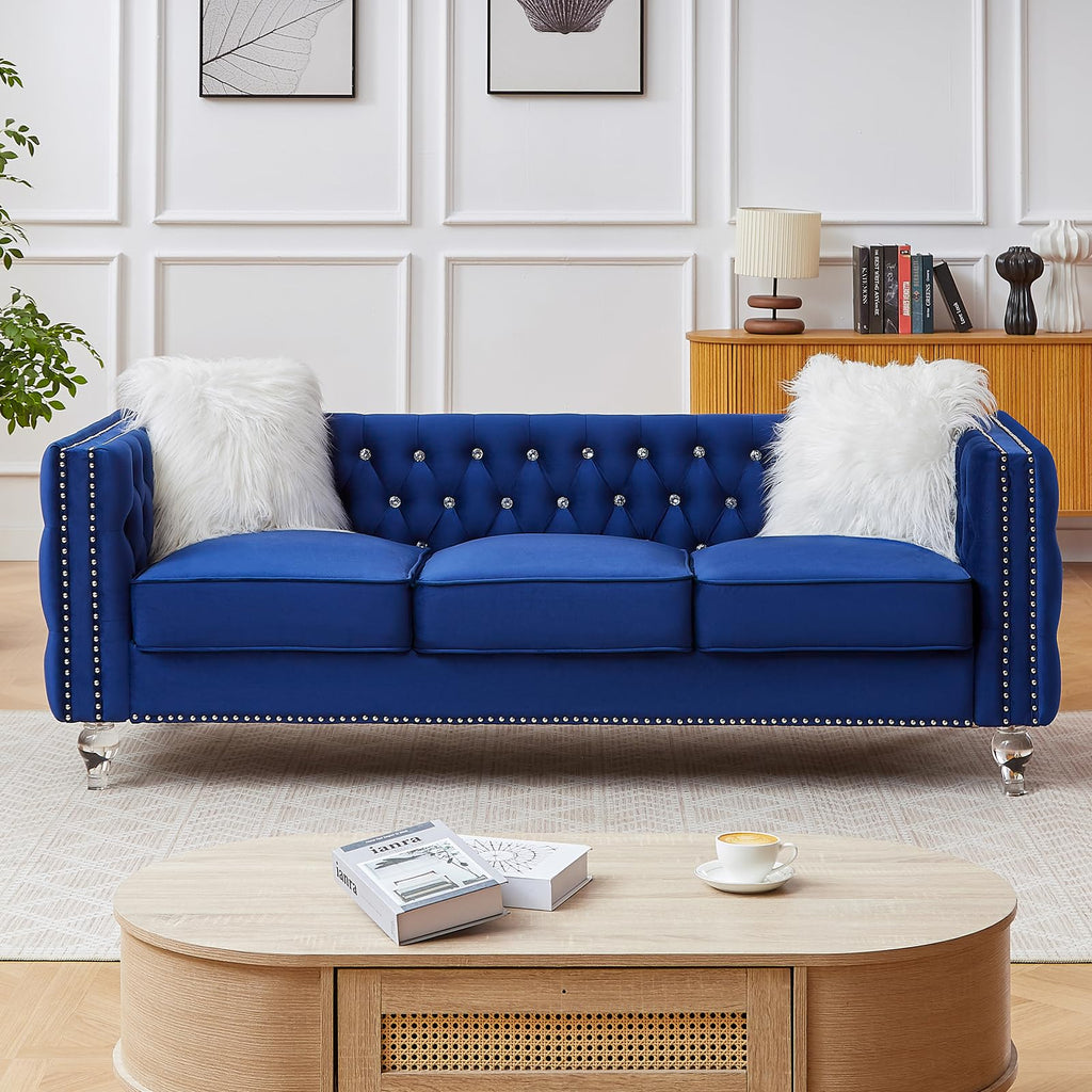Blue Velvet Chesterfield Sofa with 2 Throw Pillows E173055