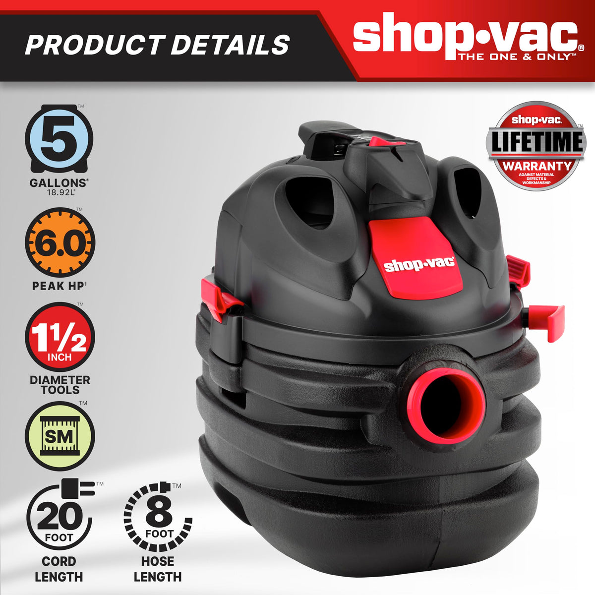 5 Gallon 6.0 Peak HP Portable Wet/Dry Vacuum S767519