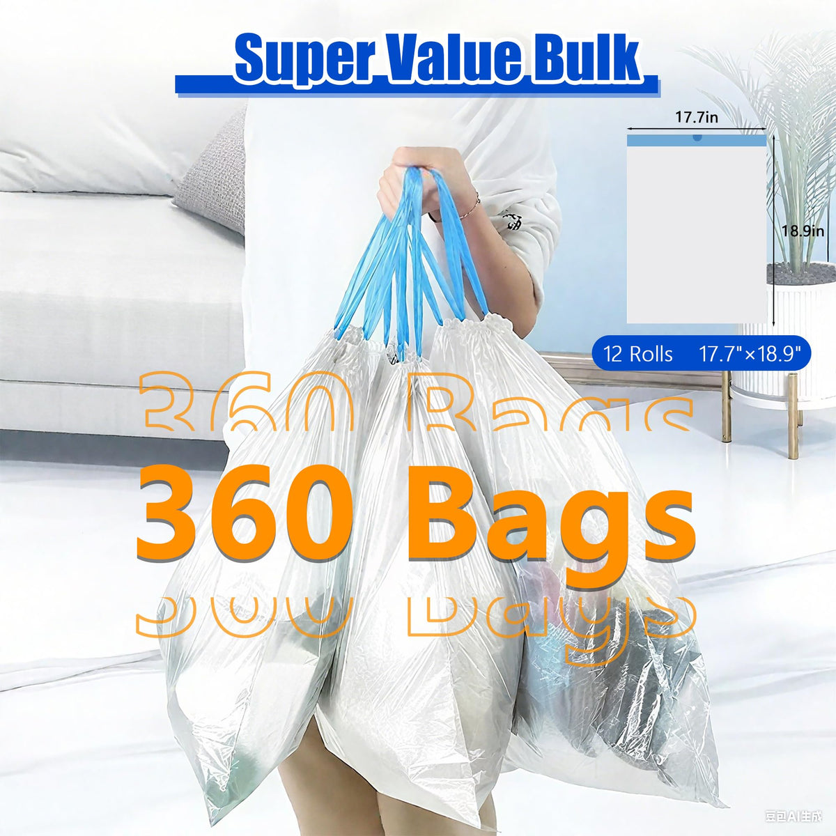 3 Gallon 360 Count 1.2 Mil Drawstring White Plastic Trash Bags V575757
