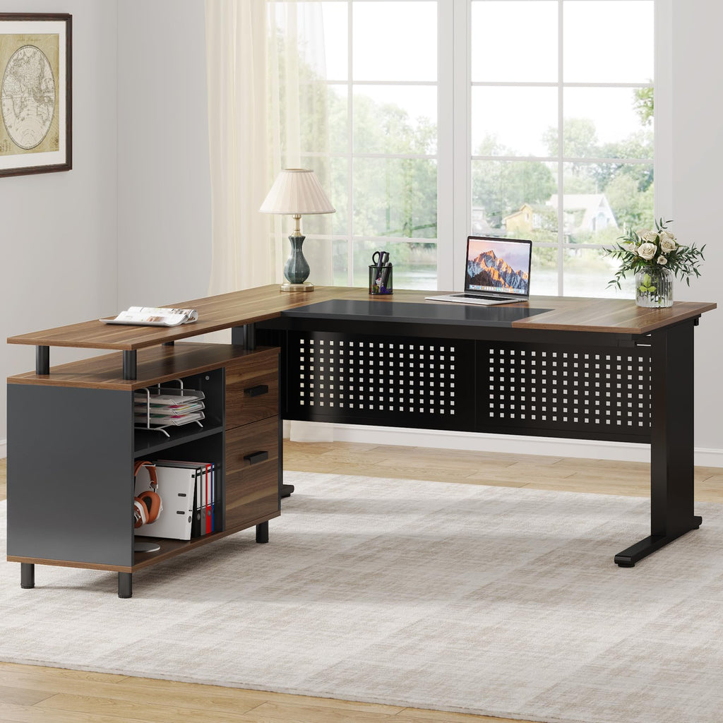 63 Inch L Shaped Computer Desk with File Cabinet and Storage Shelves D61670