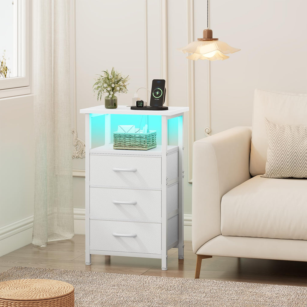 White Nightstand with Charging Station and 3 Fabric Drawers V500