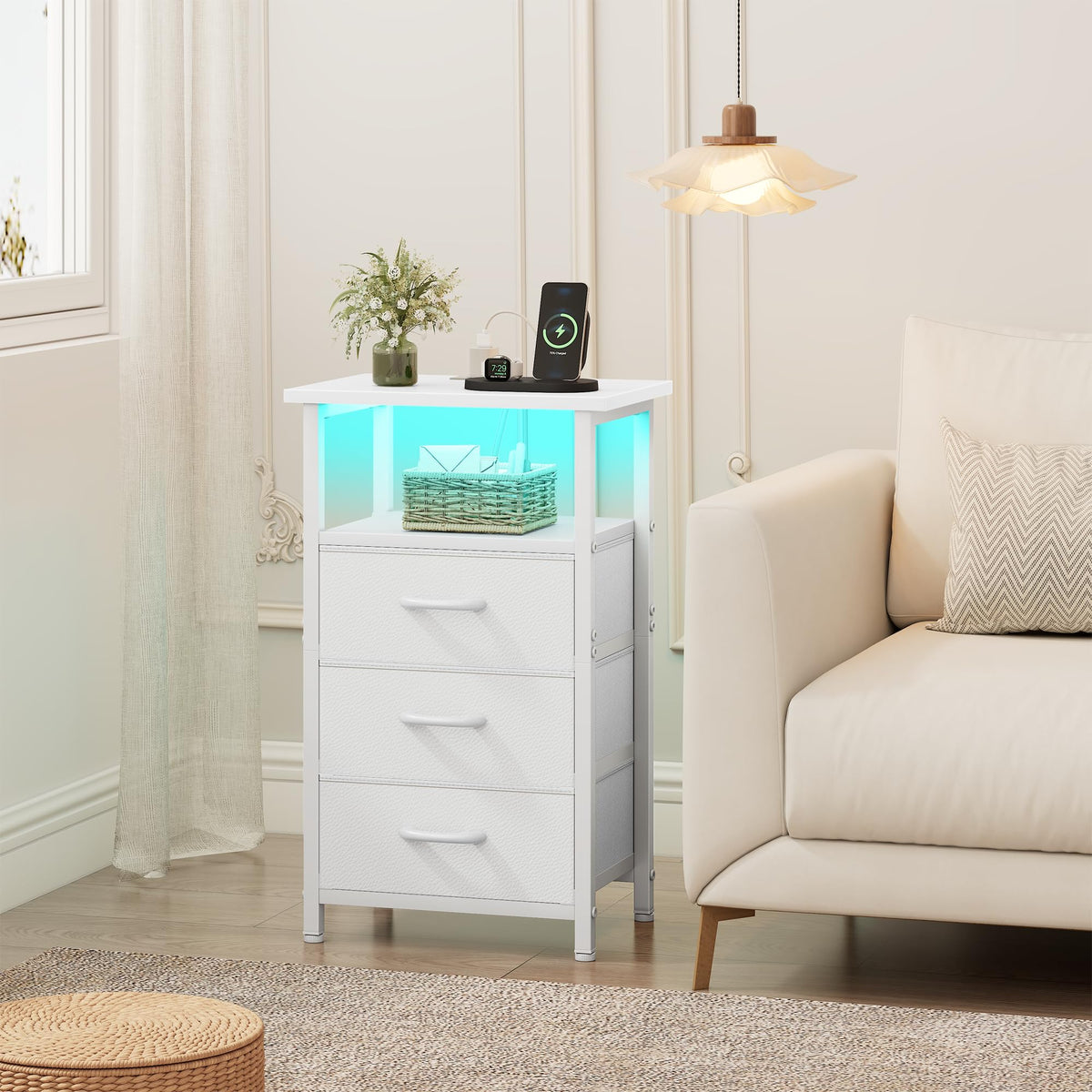 White Nightstand with Charging Station and 3 Fabric Drawers V500