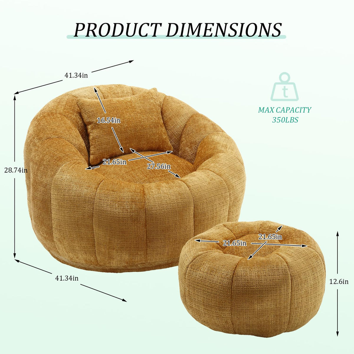 Yellow Chenille Bean Bag Chair with Ottoman and Pillow F4772