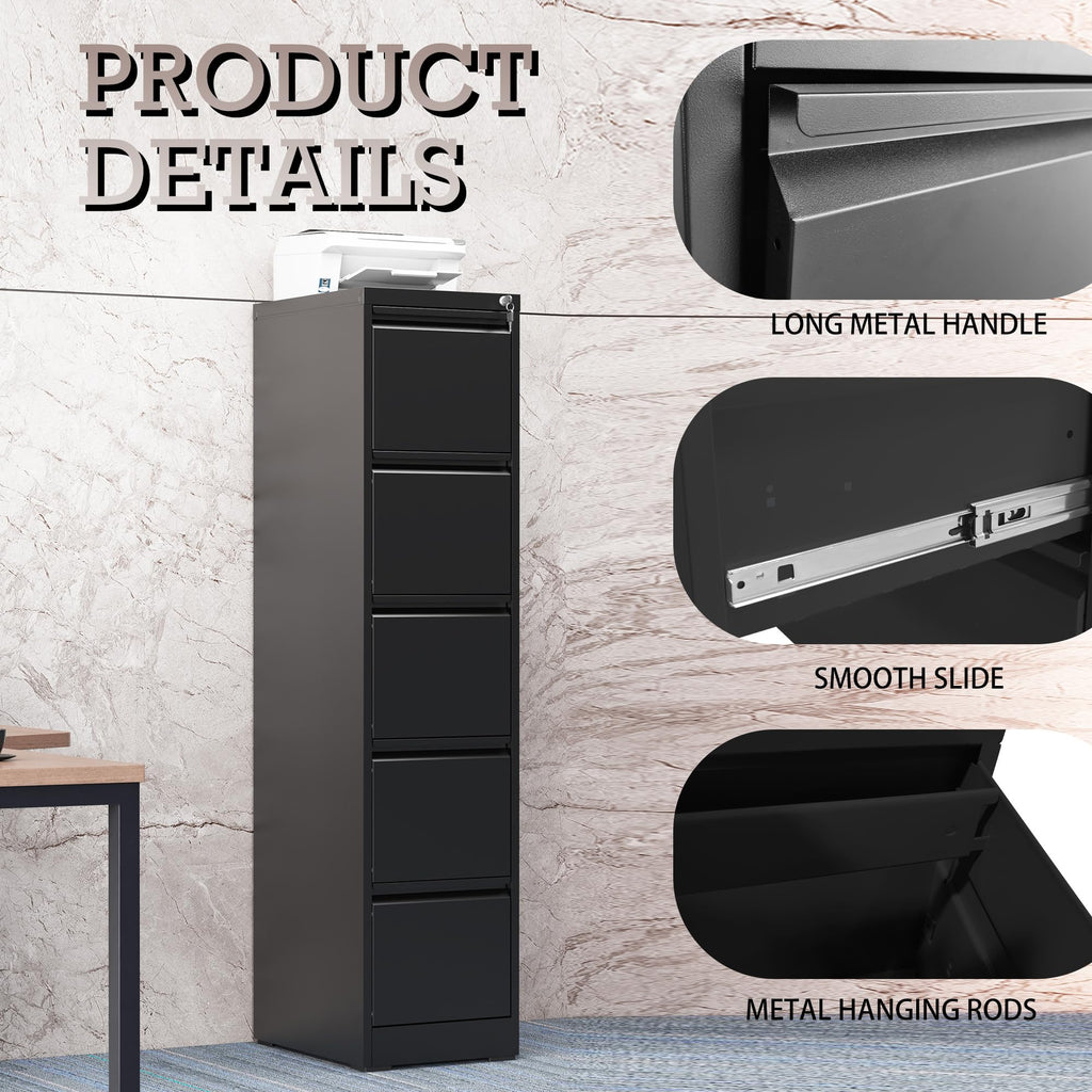 5 Drawer Black Filing Cabinet with Lock Y8380