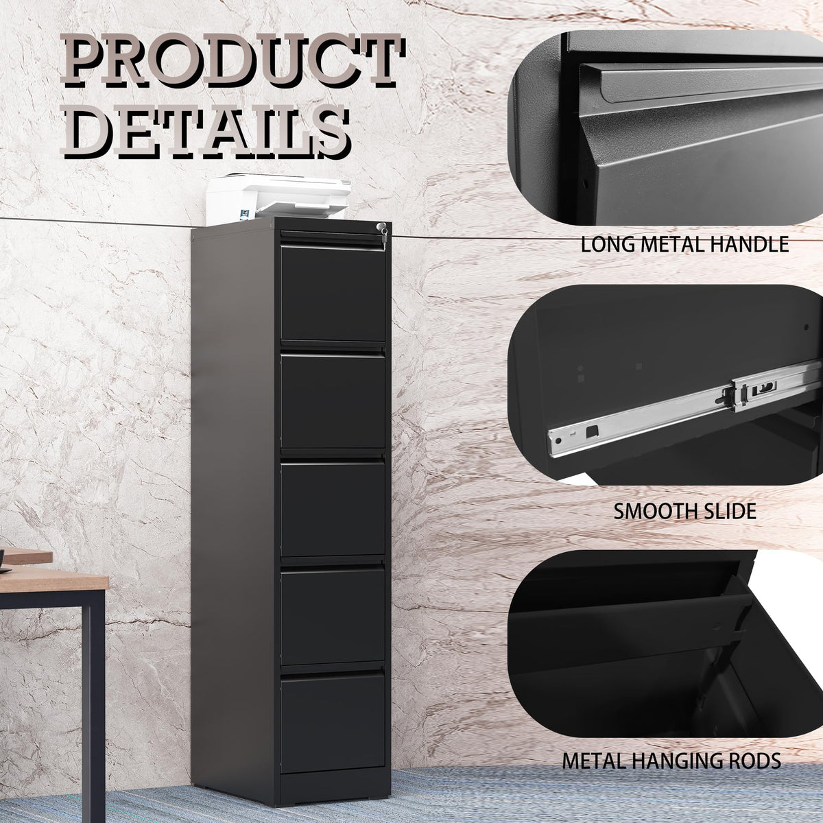 5 Drawer Black Filing Cabinet with Lock Y8380