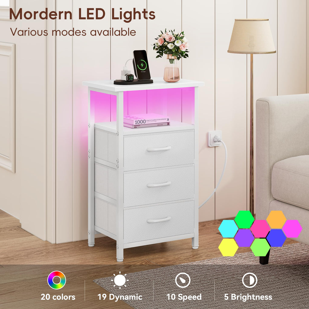 White Nightstand with Charging Station and 3 Fabric Drawers V500