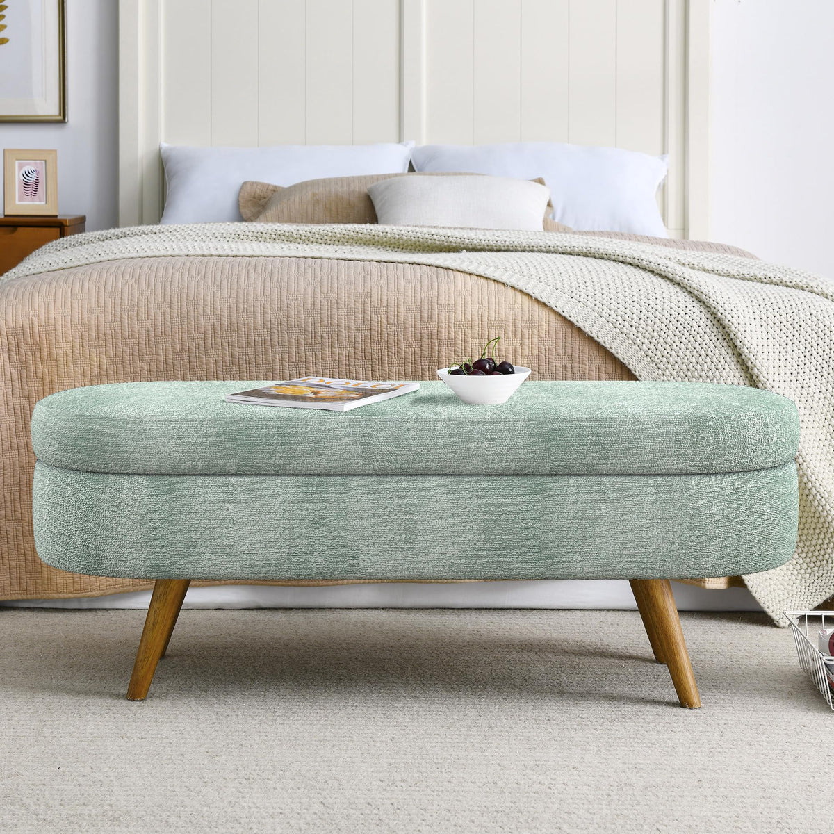 Oval Storage Bench with Rubber Wood Legs Gray A1625