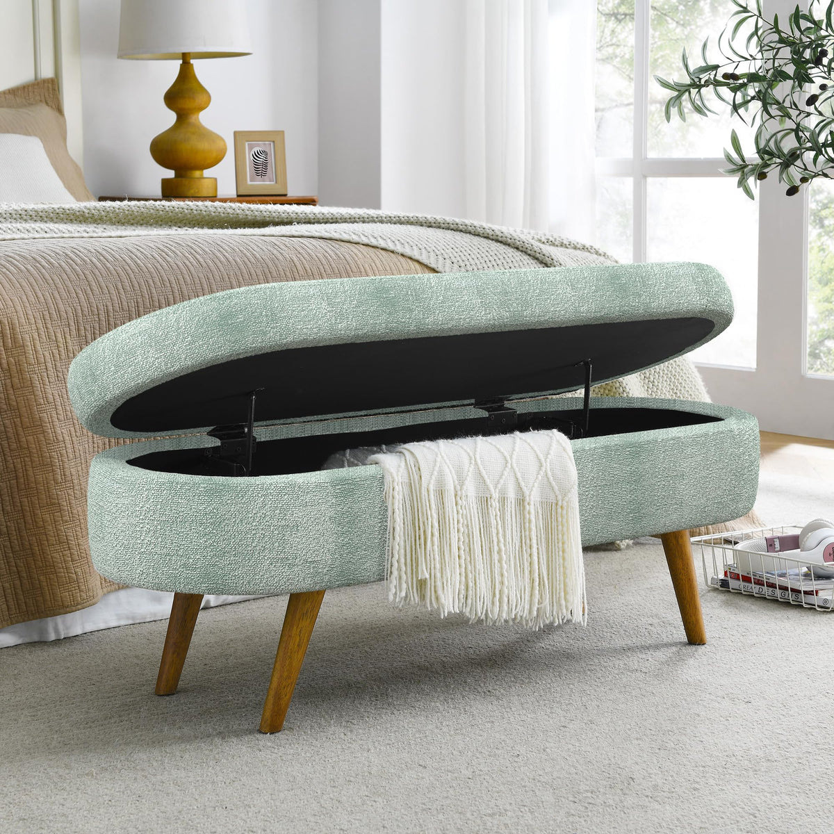 Oval Storage Bench with Rubber Wood Legs Gray A1625