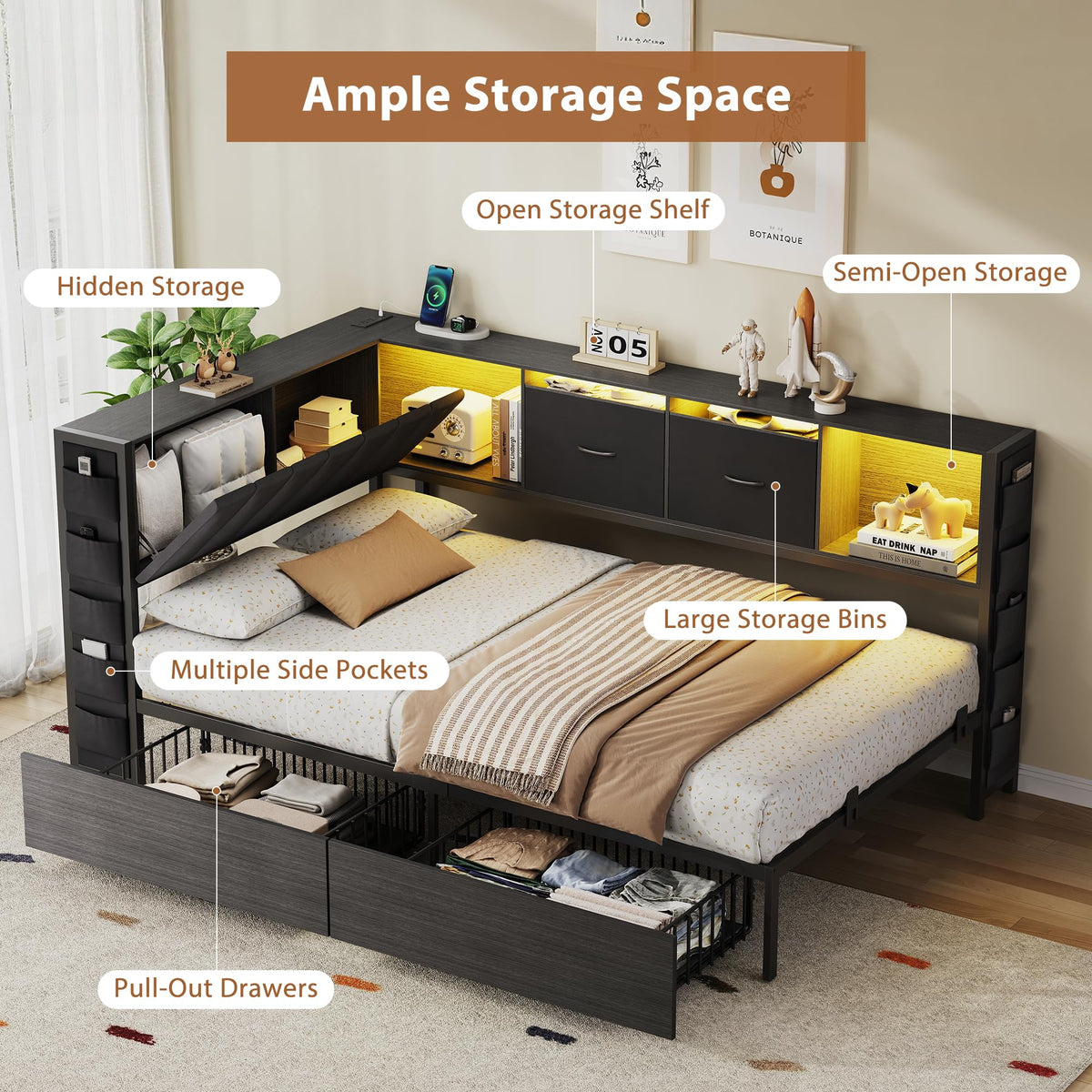 Twin Corner Bed Frame with Upholstered Storage Headboard and Drawers, LED Light and Charging Station, Black P411279