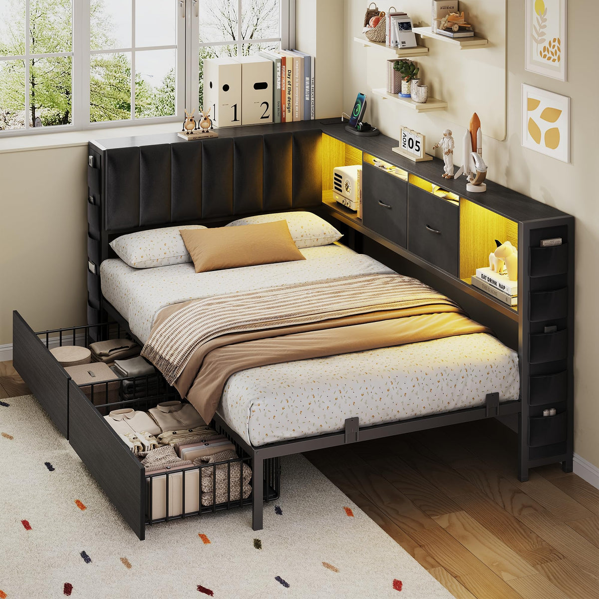 Twin Corner Bed Frame with Upholstered Storage Headboard and Drawers, LED Light and Charging Station, Black P411279