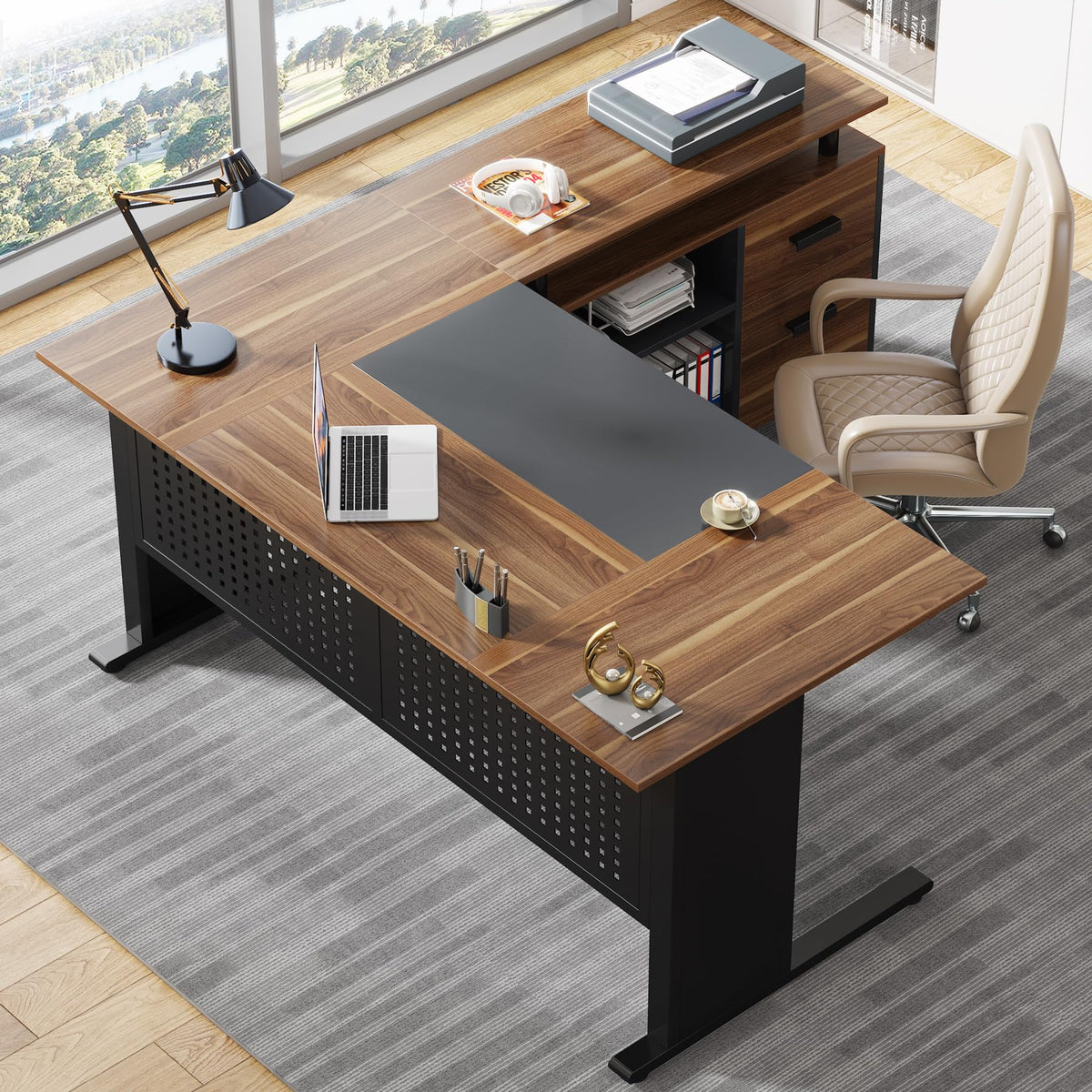 63 Inch L Shaped Computer Desk with File Cabinet and Storage Shelves D61670
