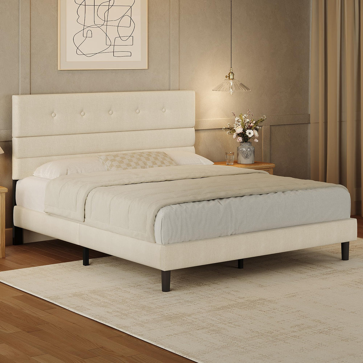 Queen Size Linen Fabric Upholstered Platform Bed Frame J542408