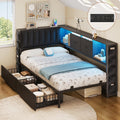 Twin Corner Bed Frame with Upholstered Storage Headboard and Drawers, LED Light and Charging Station, Black P411279