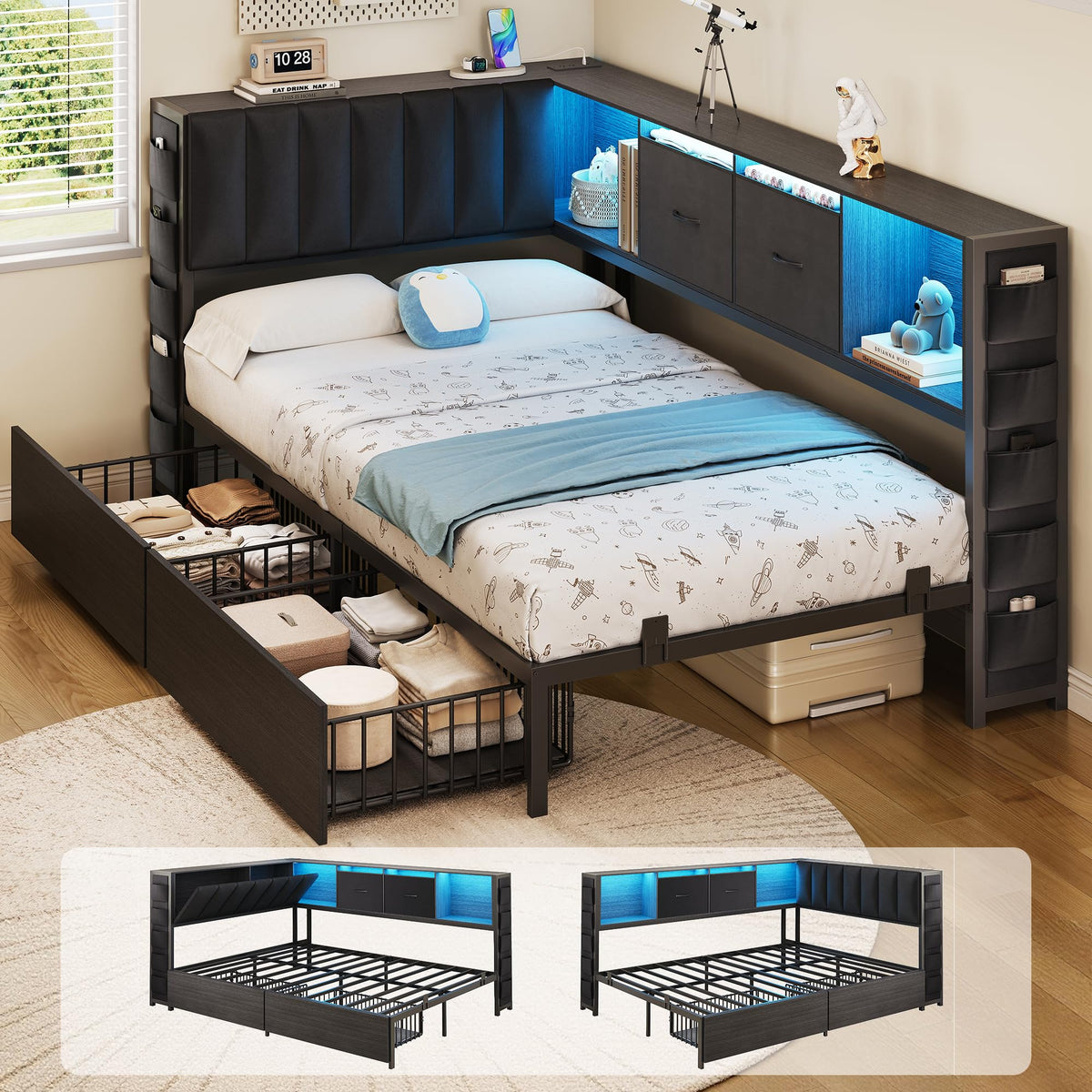 Twin Corner Bed Frame with Upholstered Storage Headboard and Drawers, LED Light and Charging Station, Black P411279