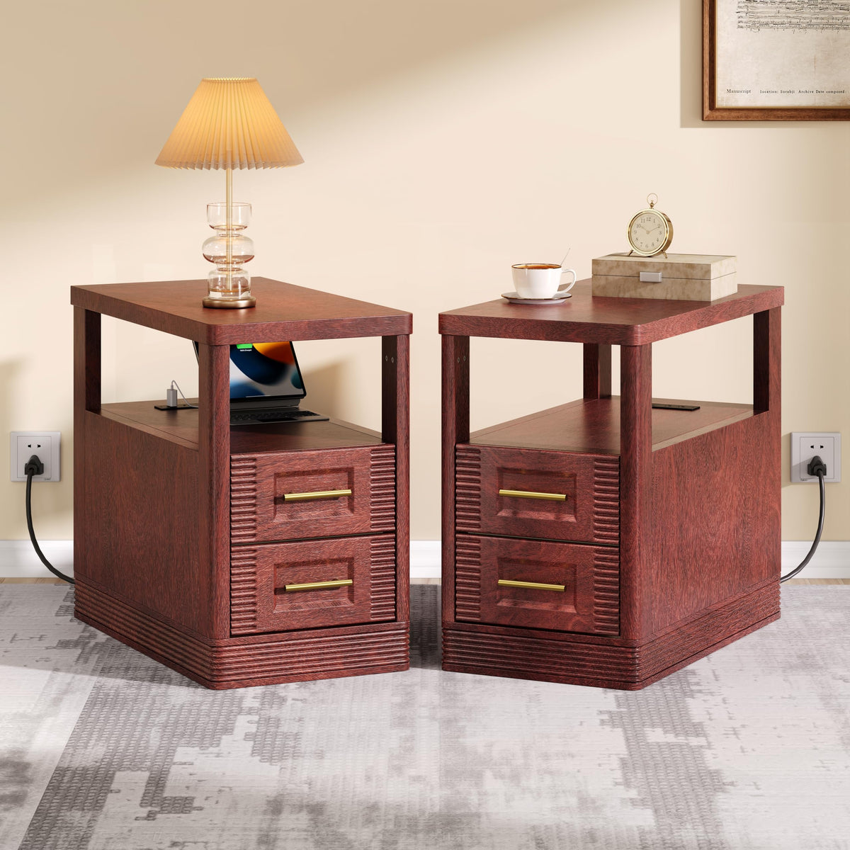 Farmhouse End Table with Charging Station, 2 Storage Drawers V30898
