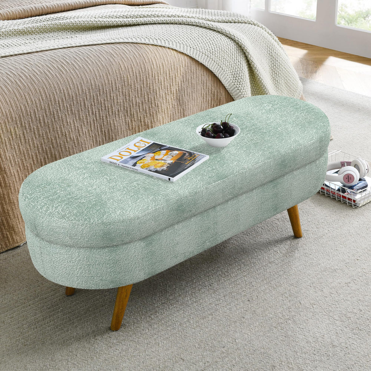 Oval Storage Bench with Rubber Wood Legs Gray A1625