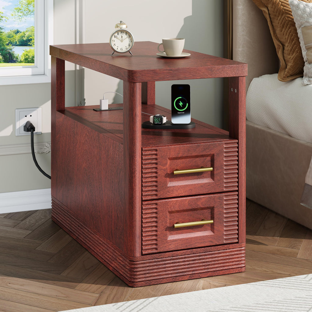 Farmhouse End Table with Charging Station, 2 Storage Drawers V30898