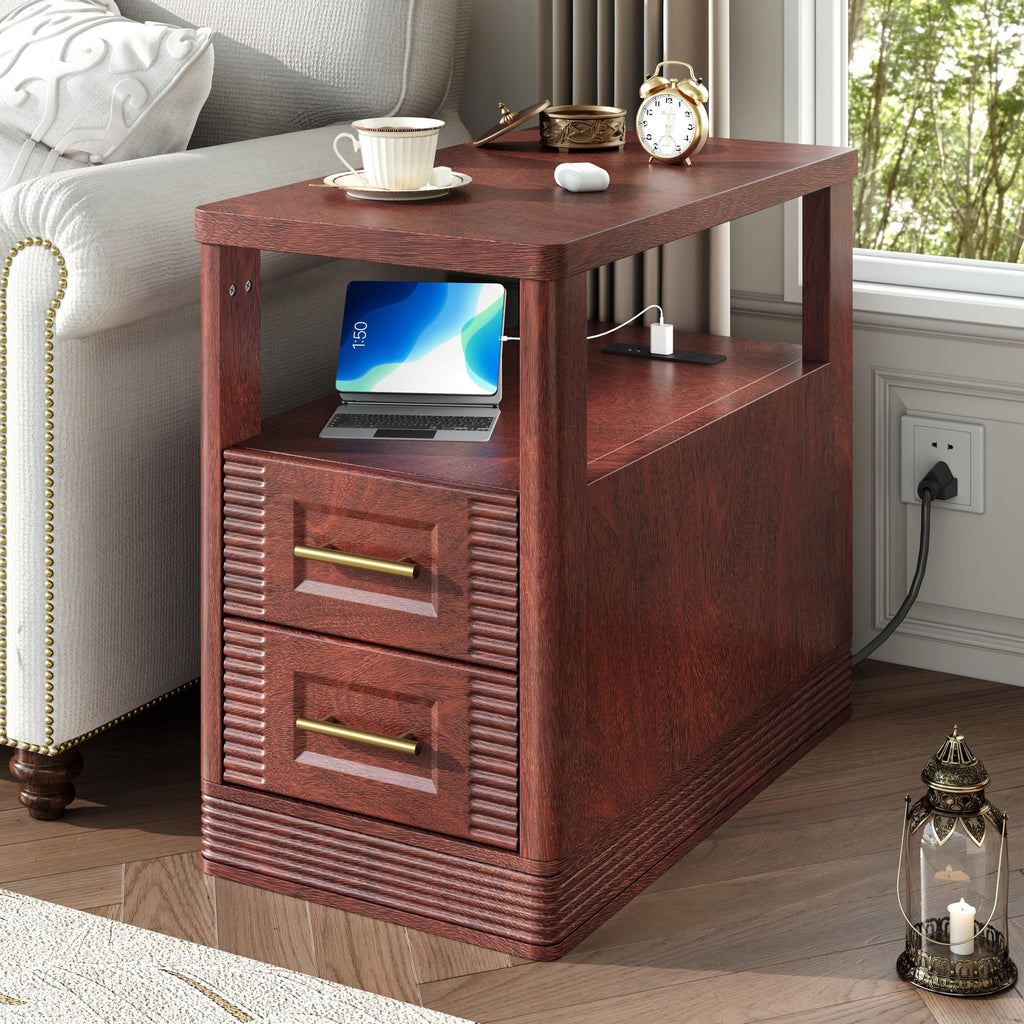 Farmhouse End Table with Charging Station, 2 Storage Drawers V30898