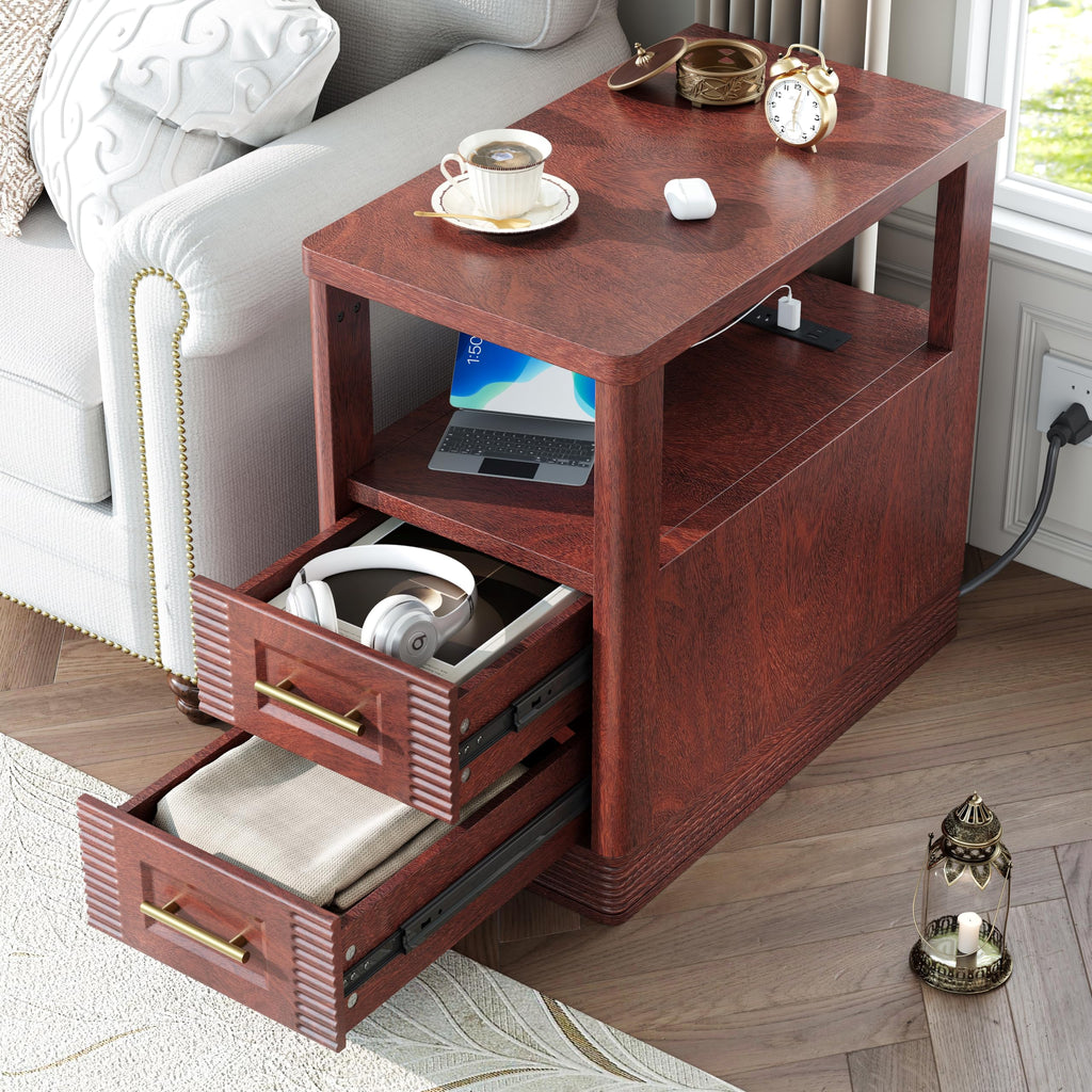 Farmhouse End Table with Charging Station, 2 Storage Drawers V30898