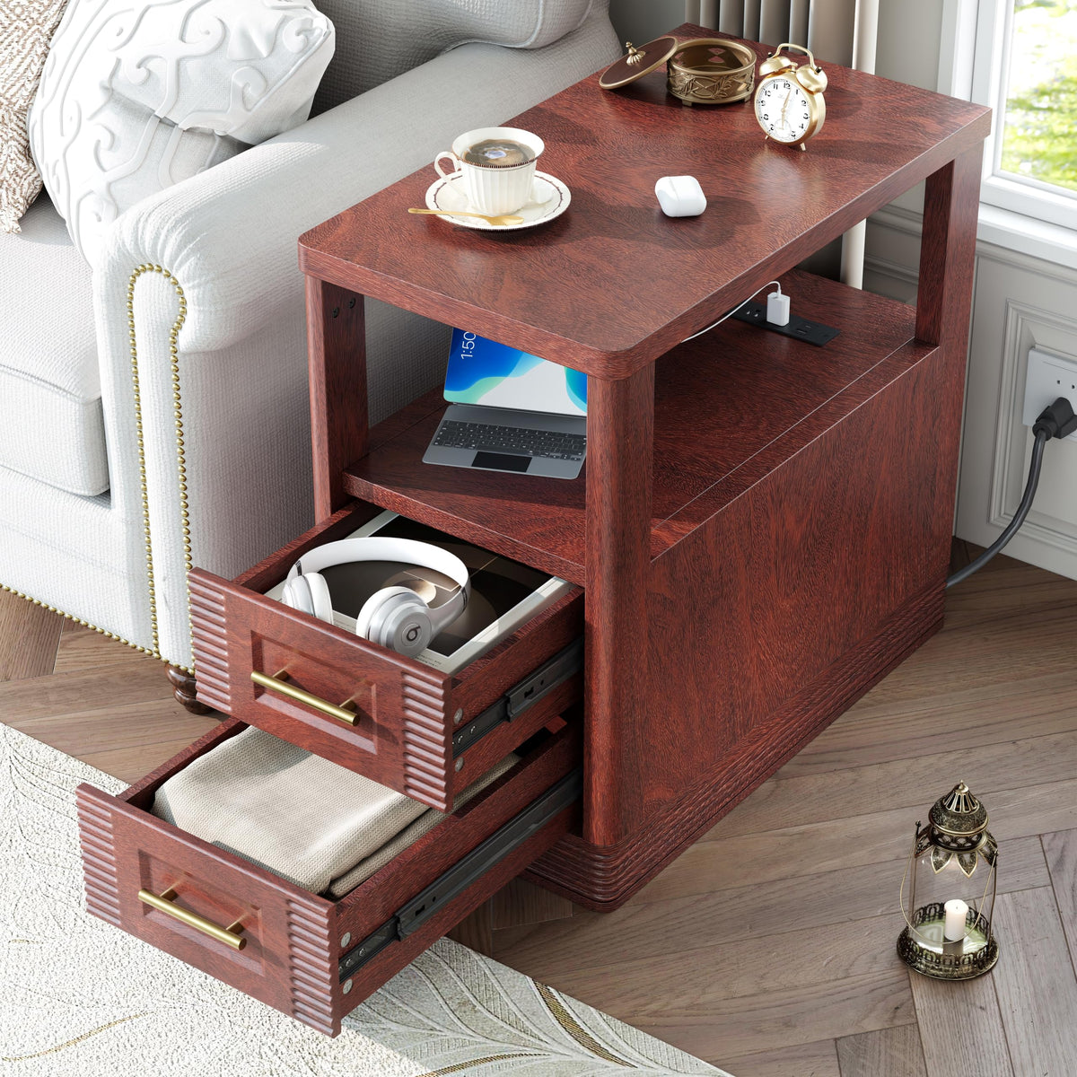 Farmhouse End Table with Charging Station, 2 Storage Drawers V30898