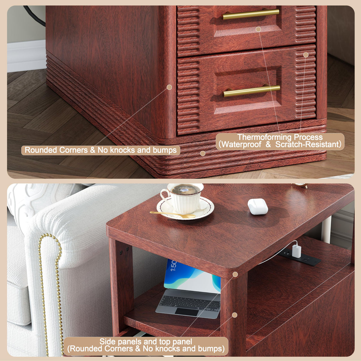 Farmhouse End Table with Charging Station, 2 Storage Drawers V30898