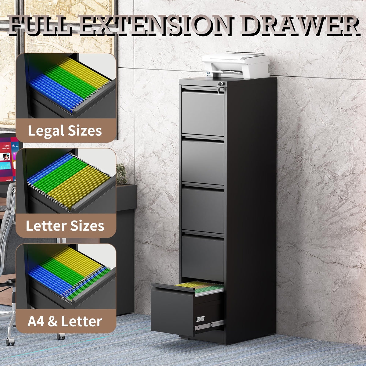 5 Drawer Black Filing Cabinet with Lock Y8380