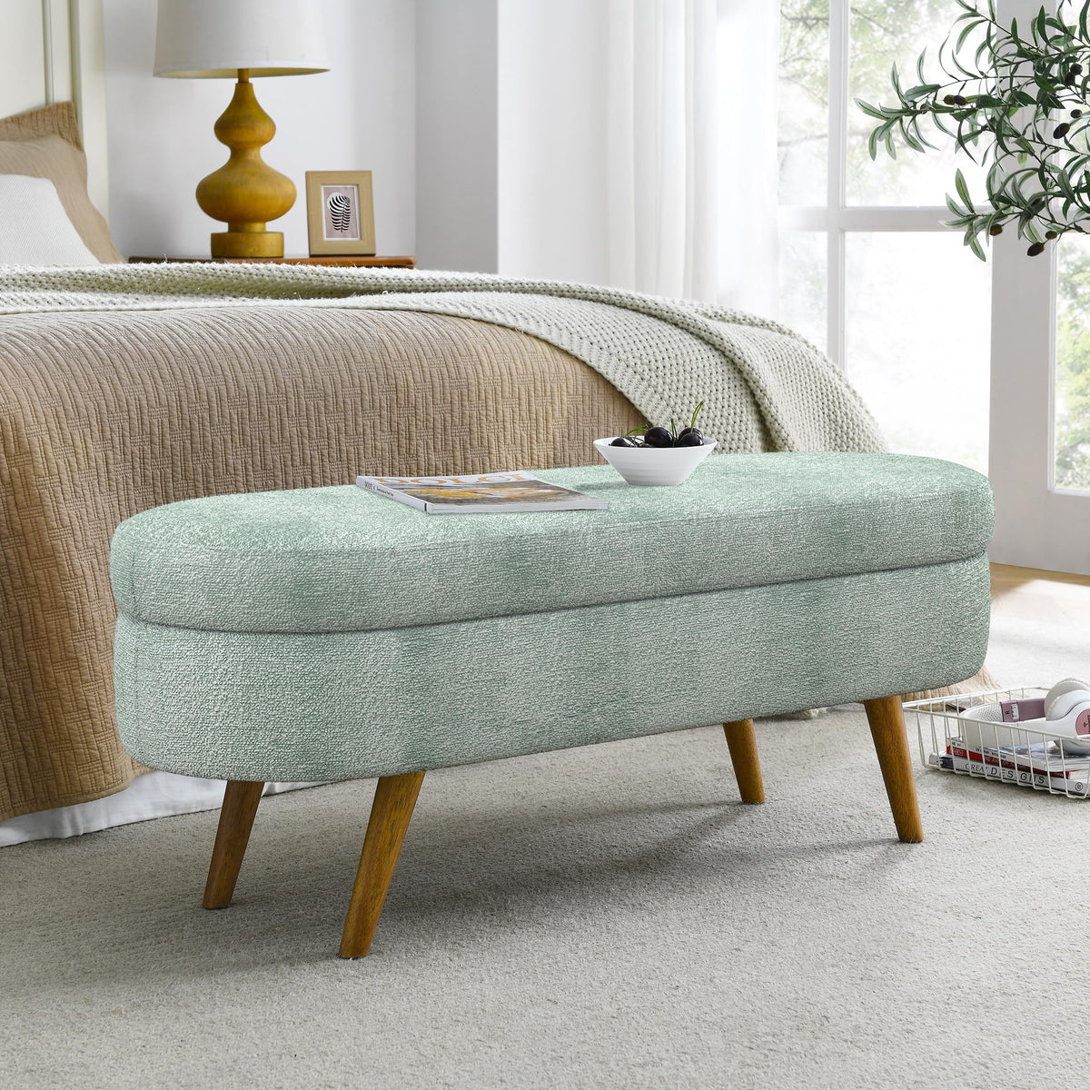 Oval Storage Bench with Rubber Wood Legs Gray A1625